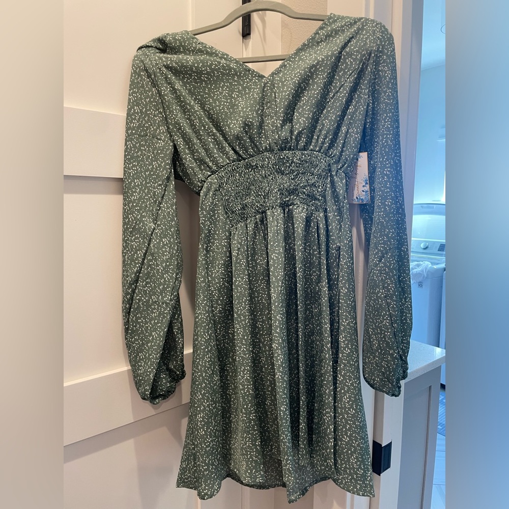 Whimsy Apparel Clothing green dress. V-neck with smocked waist